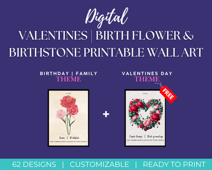 Valentines | Custom Birth Flower & Birthstone Printable Wall Art