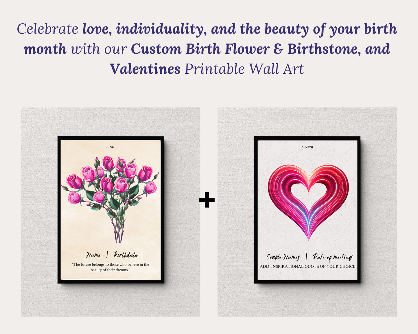 Valentines | Custom Birth Flower & Birthstone Printable Wall Art