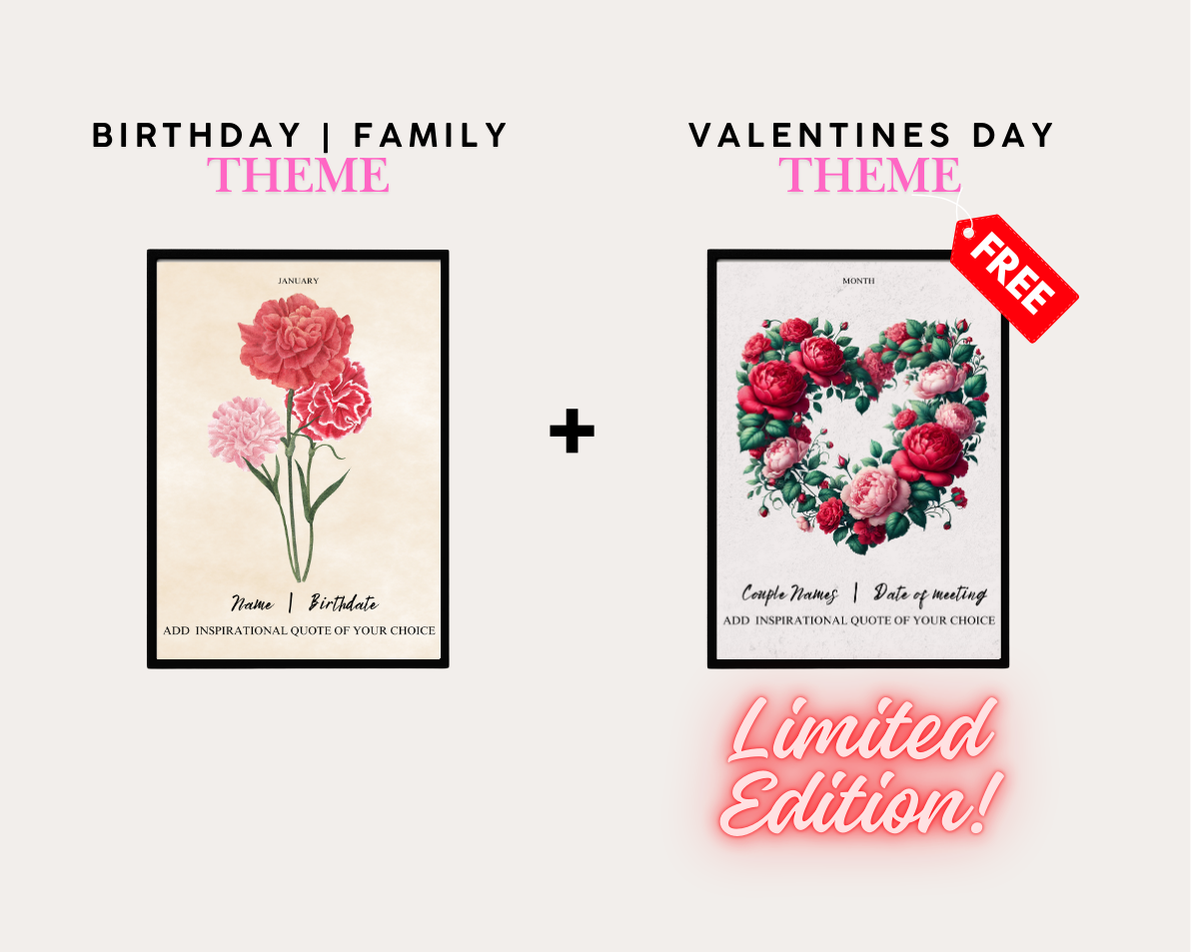 Valentines | Custom Birth Flower & Birthstone Printable Wall Art